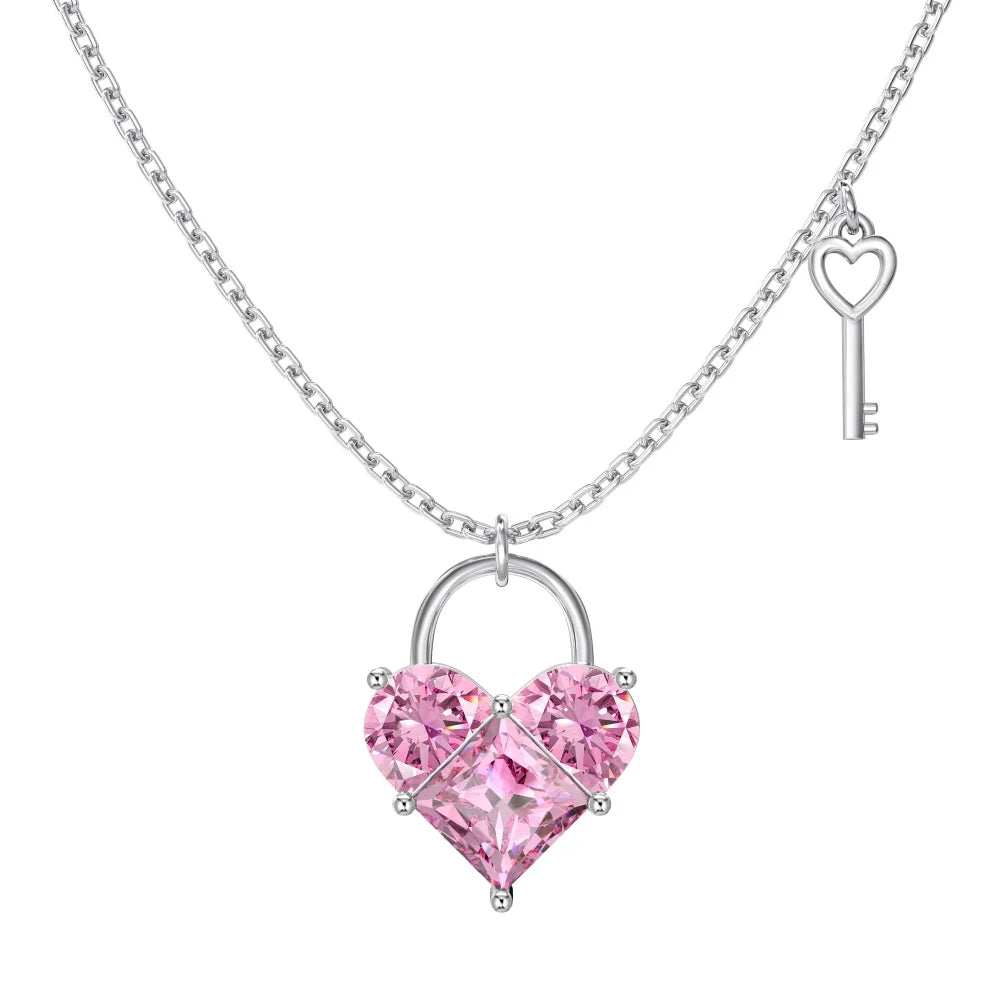 Silver Zircon Princess Cut Love Key Pendant Necklace