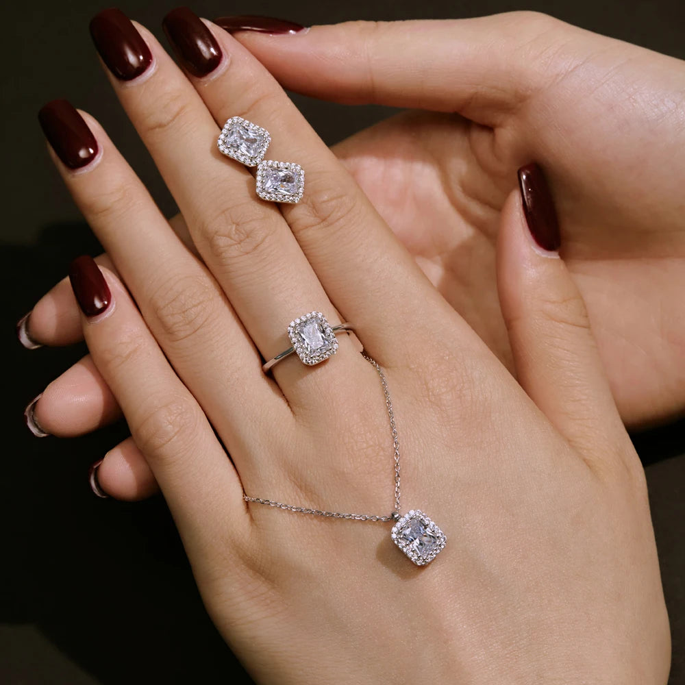 Silver Zircon Radiant Cut Sided Halo Pendant Necklace