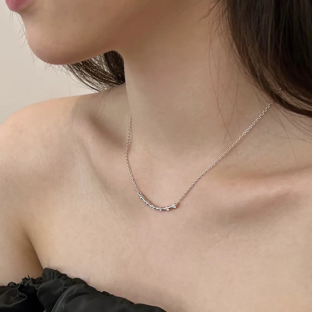 Silver Zircon Round Cut Inlaid Bar Necklace