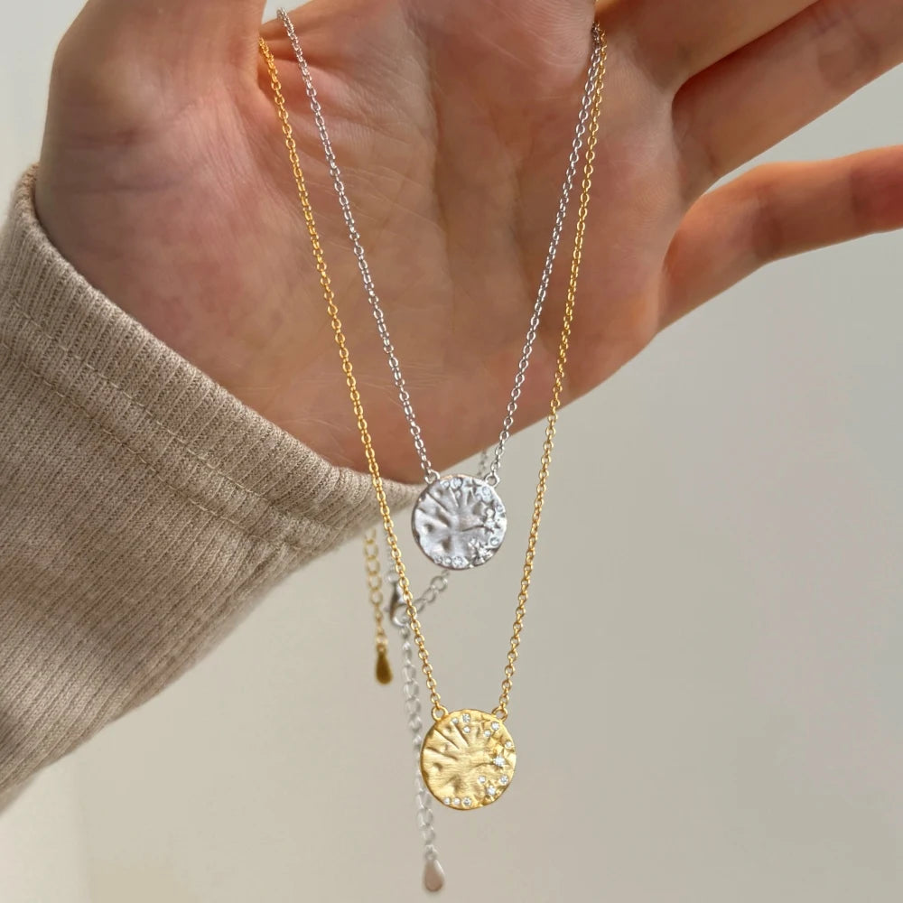 Silver Zircon Round Cut Frosted Disc Pendant Necklace