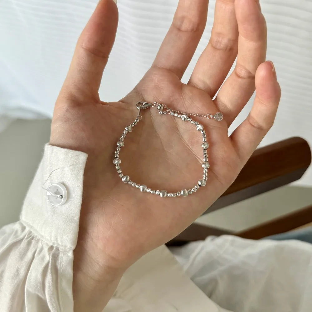 Silver Small Brushed Layered Bangles Beaded Bracelet