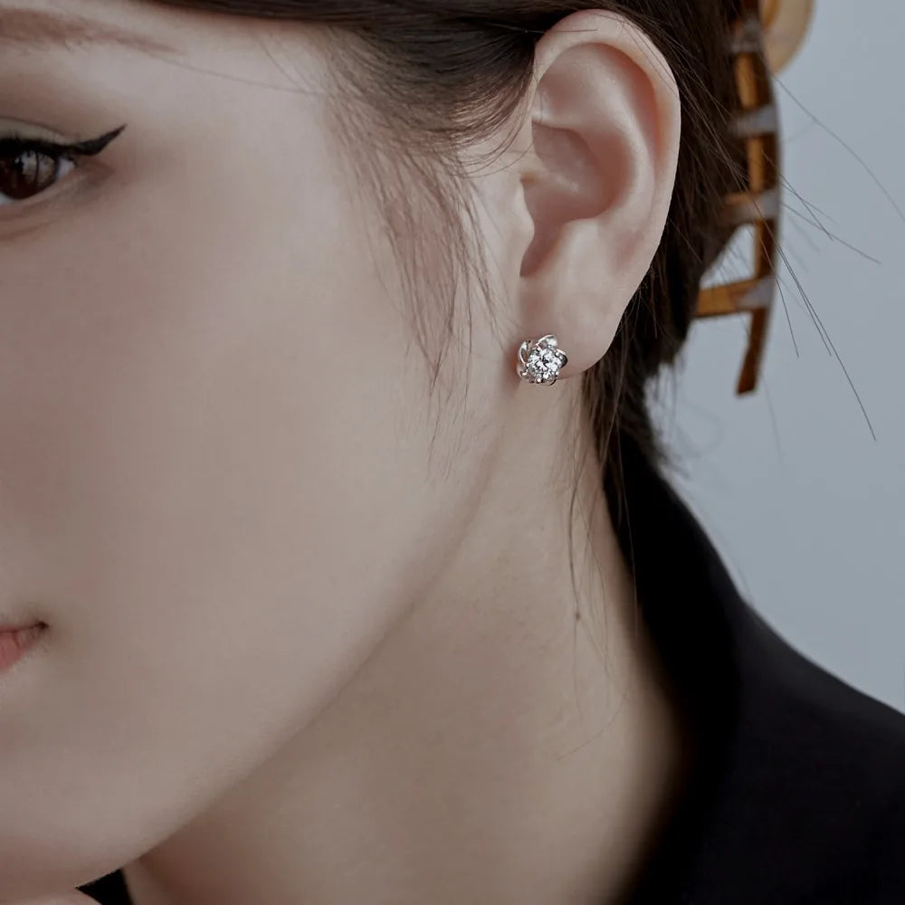 Silver Zircon Round Cut Sakura Flower Ear Studs