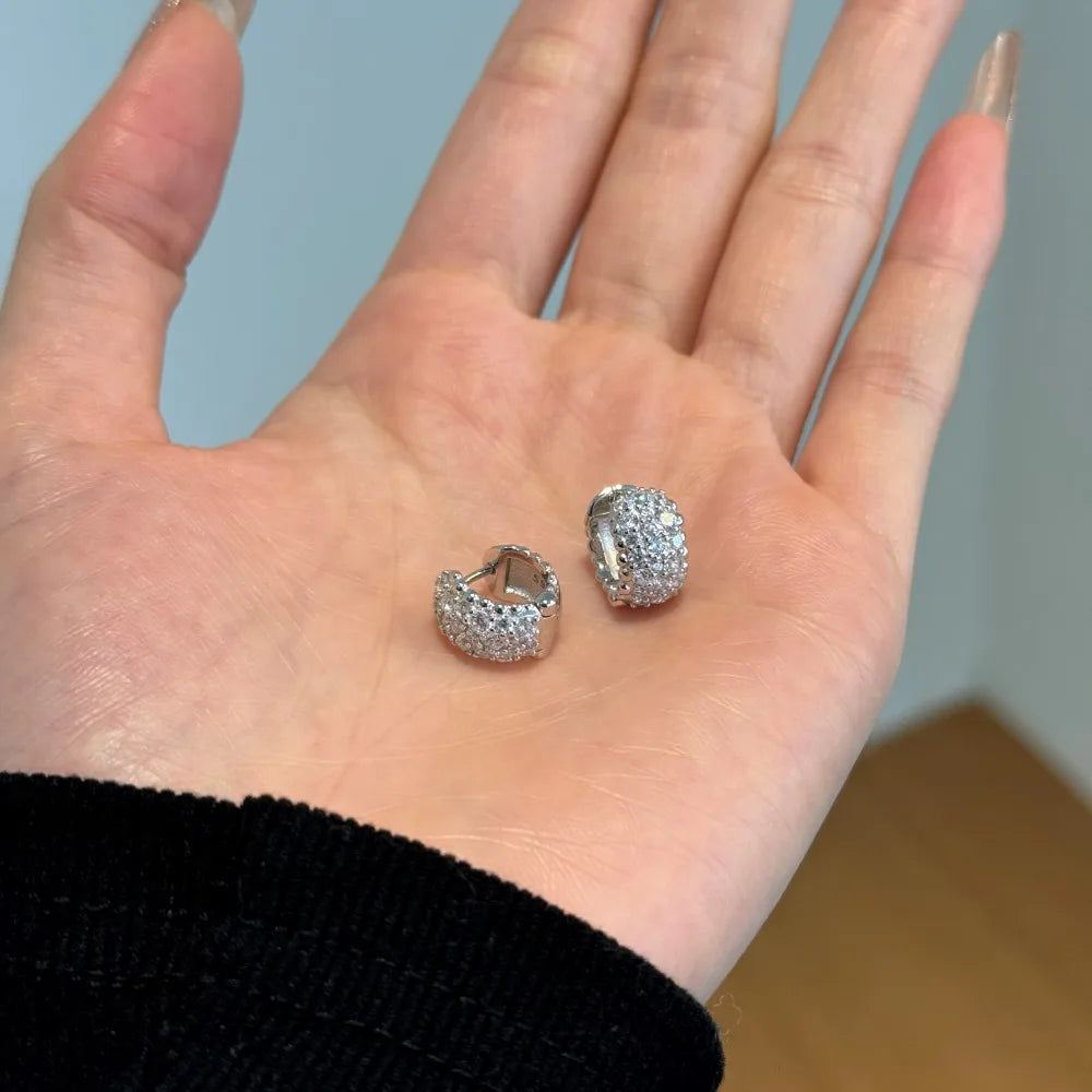 Silver Zircon Round Cut Iced Chunky Ear Hoops