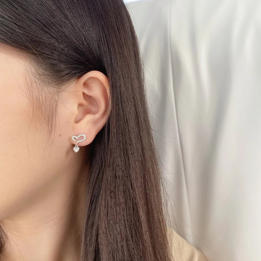 Silver Zircon Heart Cut Inner Inlaid Drop Earrings