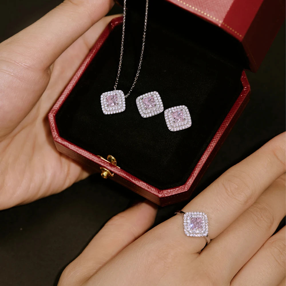 Silver Zircon Princess Cut Halo Pillow Ear Studs