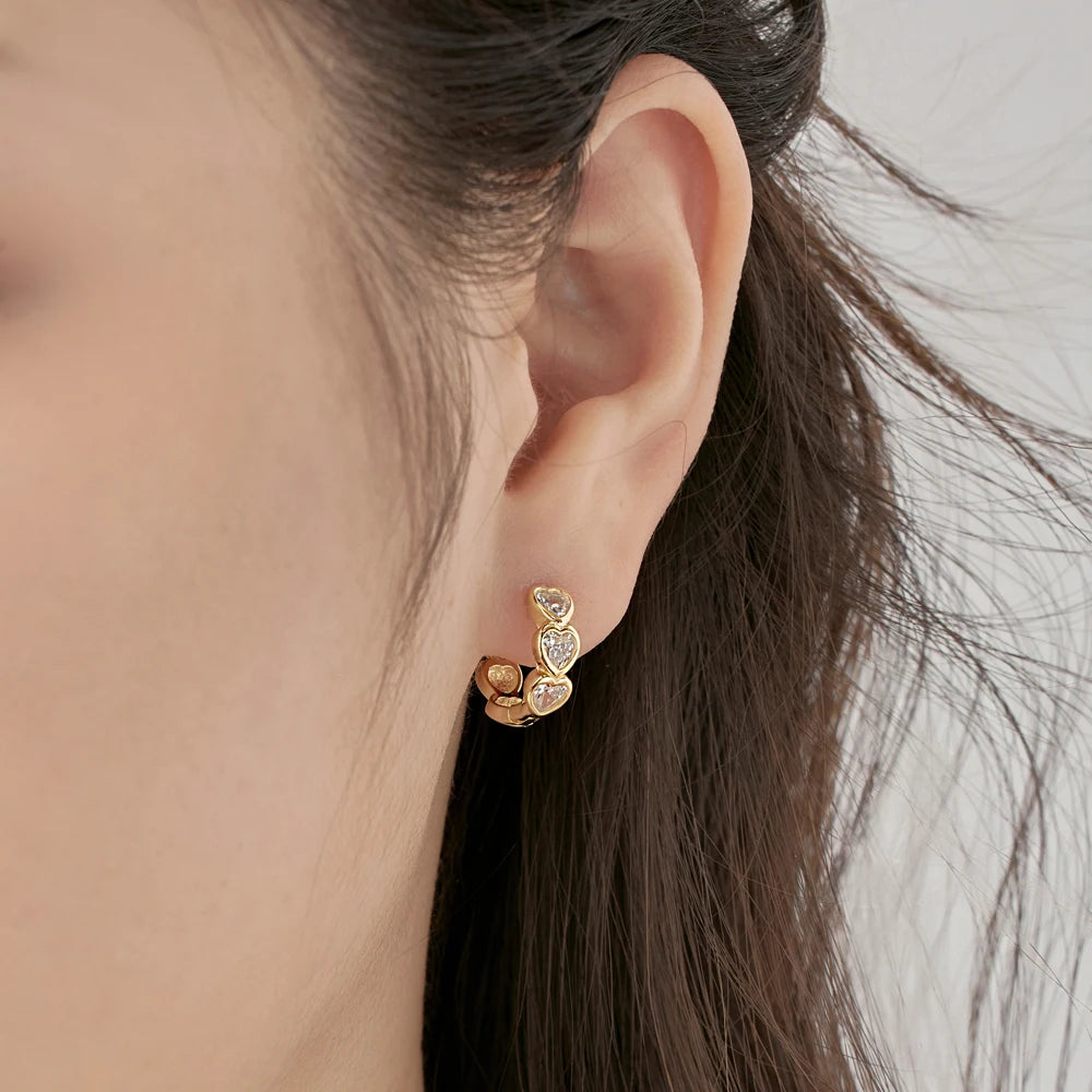 Silver Zircon Heart Cut Inlaid Layered Huggie Earrings