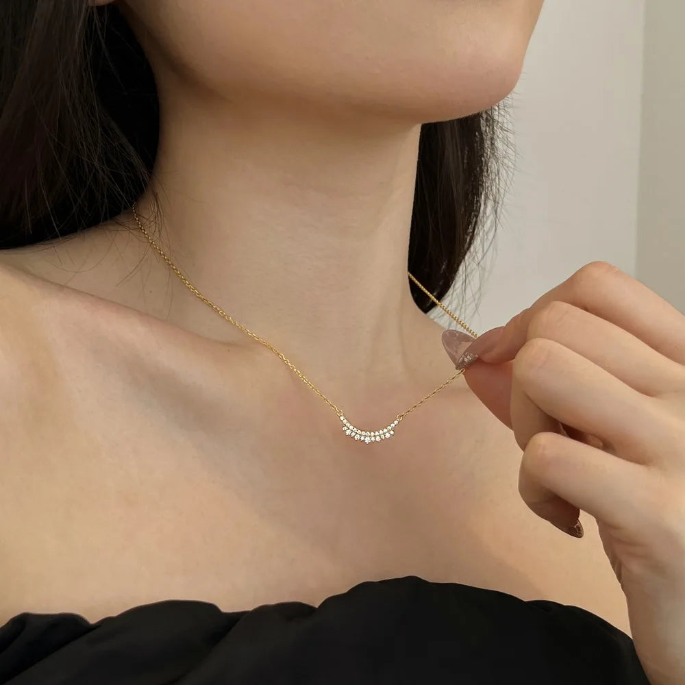 Silver Zircon Round Cut Spiky Smile Bar Necklace