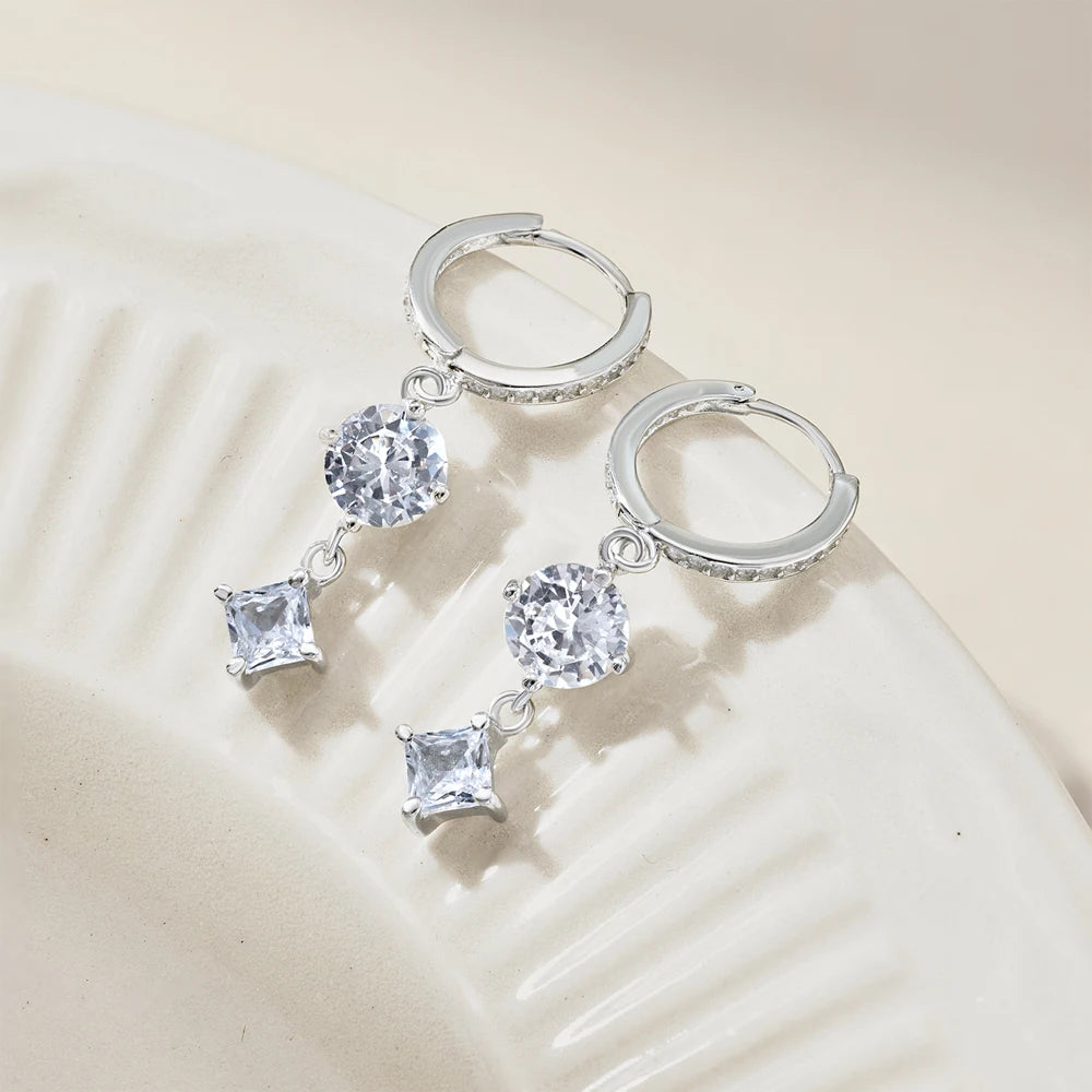 Silver Zircon Princess Cut Drop Star Huggie Earrings