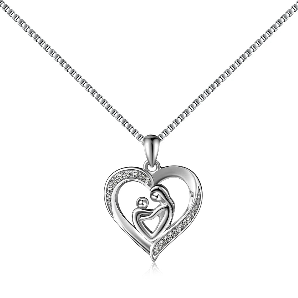 Silver Zircon Round Cut Mother And Child Heart Pendant Necklace
