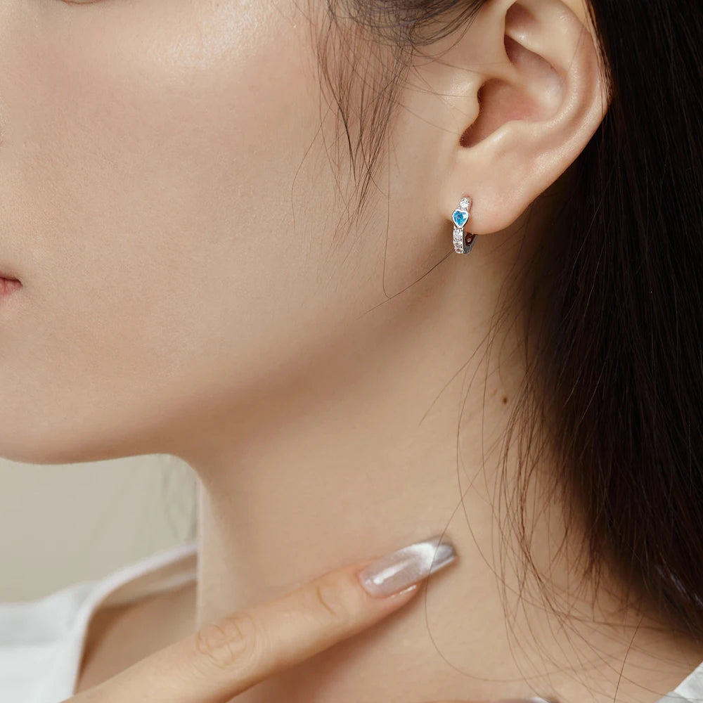 Silver Zircon Heart Cut Inlaid Huggie Earrings