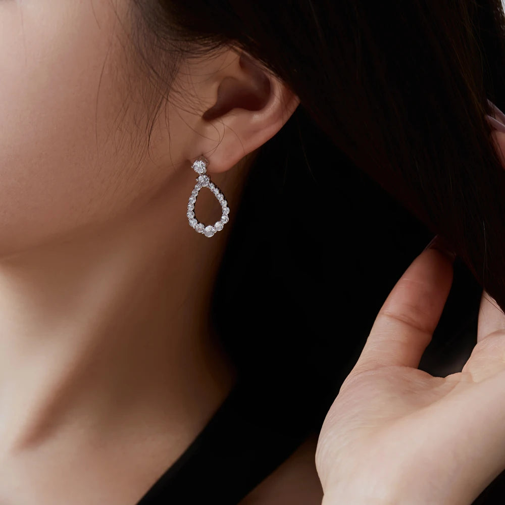 Silver Zircon Round Cut Halo Water Drop Drop Earrings