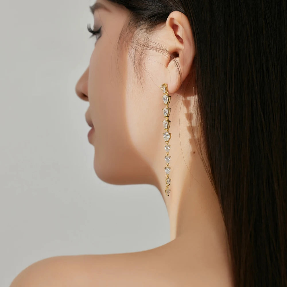 Silver Zircon Pear Cut Long Tear Tassel Drop Earrings