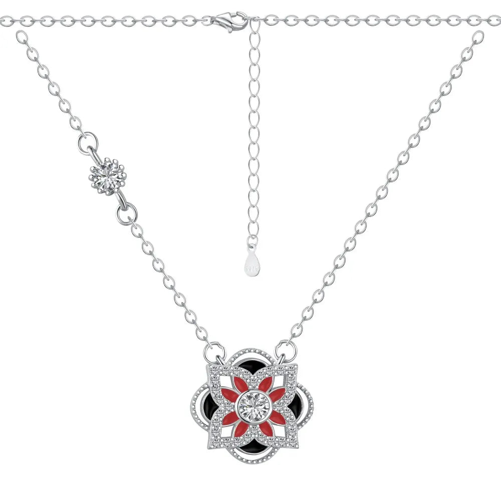 Silver Zircon Round Cut Clover Flower Pendant Necklace