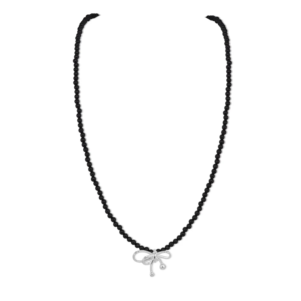 Silver Onyx Round Cut Bow Knot Beaded Necklace