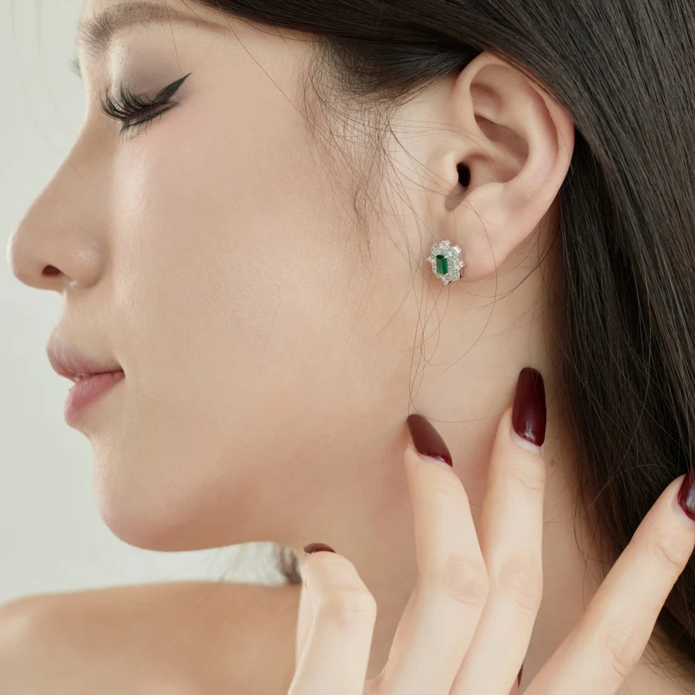 Silver Zircon Emerald Cut Framed Ear Studs