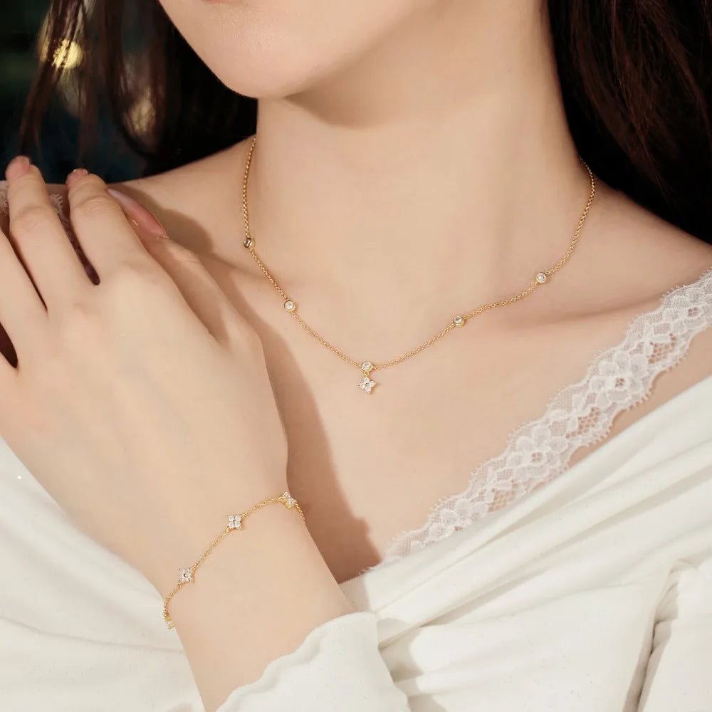 Silver Zircon Round Cut Stars Chain Bracelet