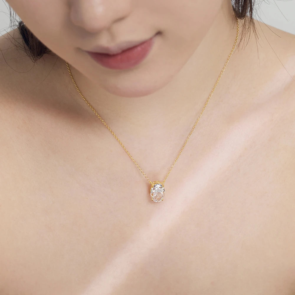 Silver Zircon Oval Cut Big Single Pendant Necklace