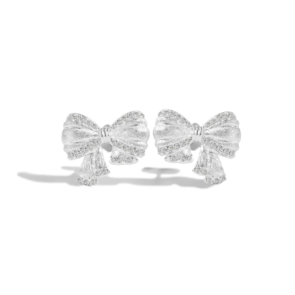 Silver Zircon Round Cut Bow Tie Ear Studs