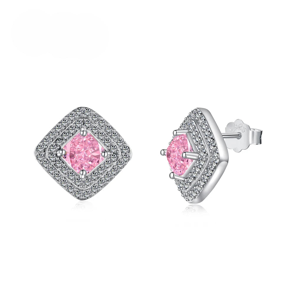 Silver Zircon Princess Cut Halo Pillow Ear Studs