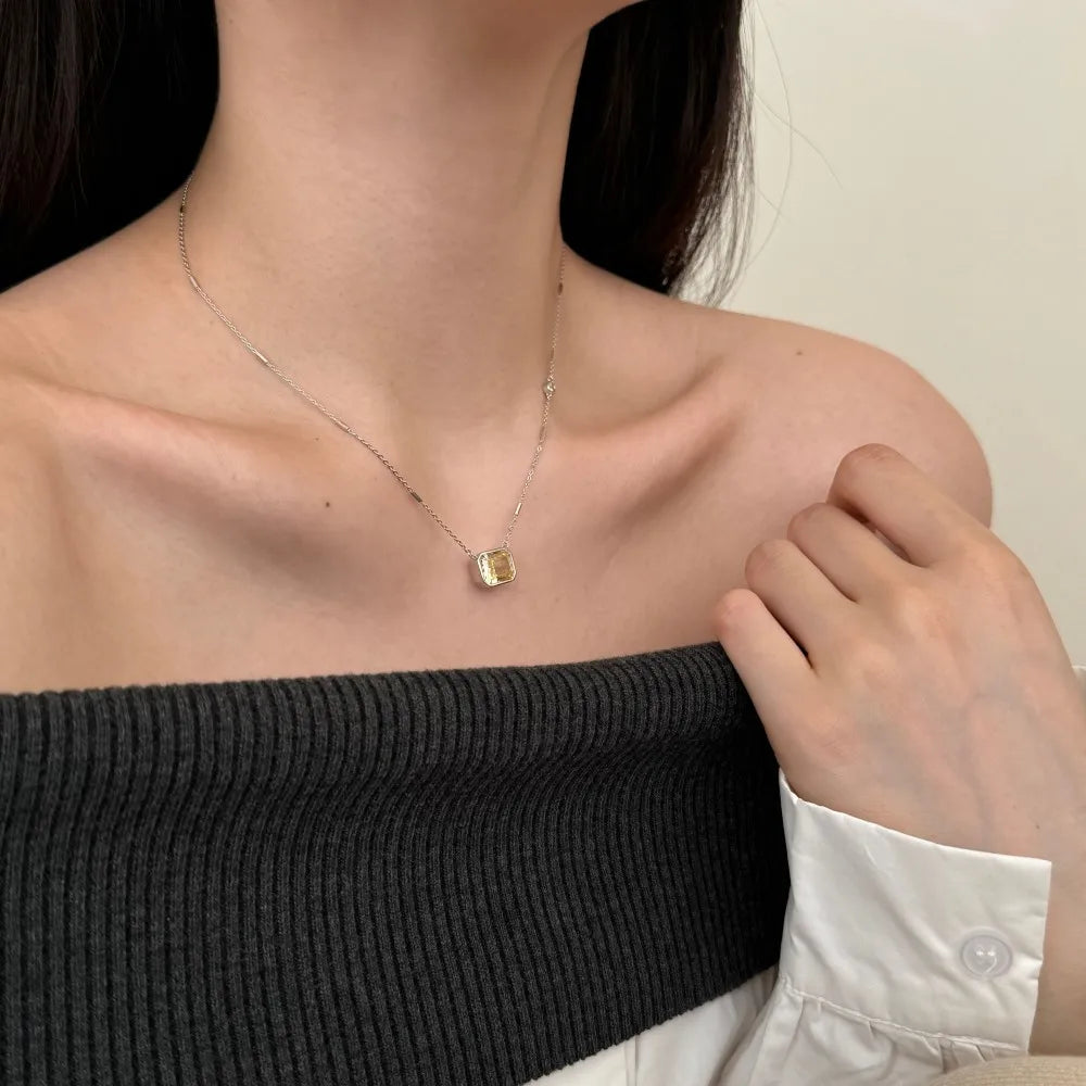 Silver Zircon Radiant Cut Brushed Single Pendant Necklace