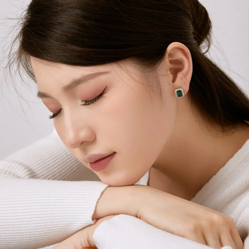 Silver Zircon Emerald Cut Sided Ear Studs