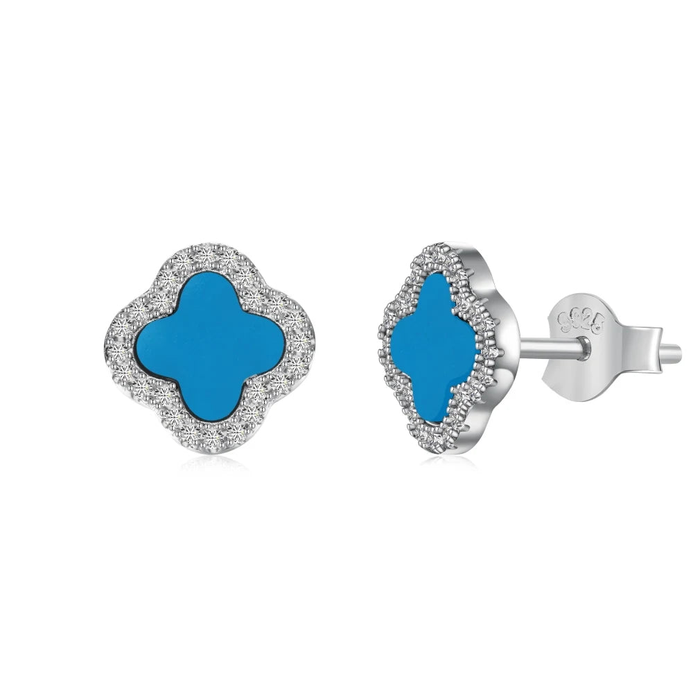 Silver Onyx Clover Cut Halo Ear Studs