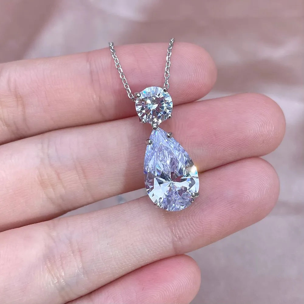 Silver Zircon Pear Cut Stacked Water Drop Pendant Necklace