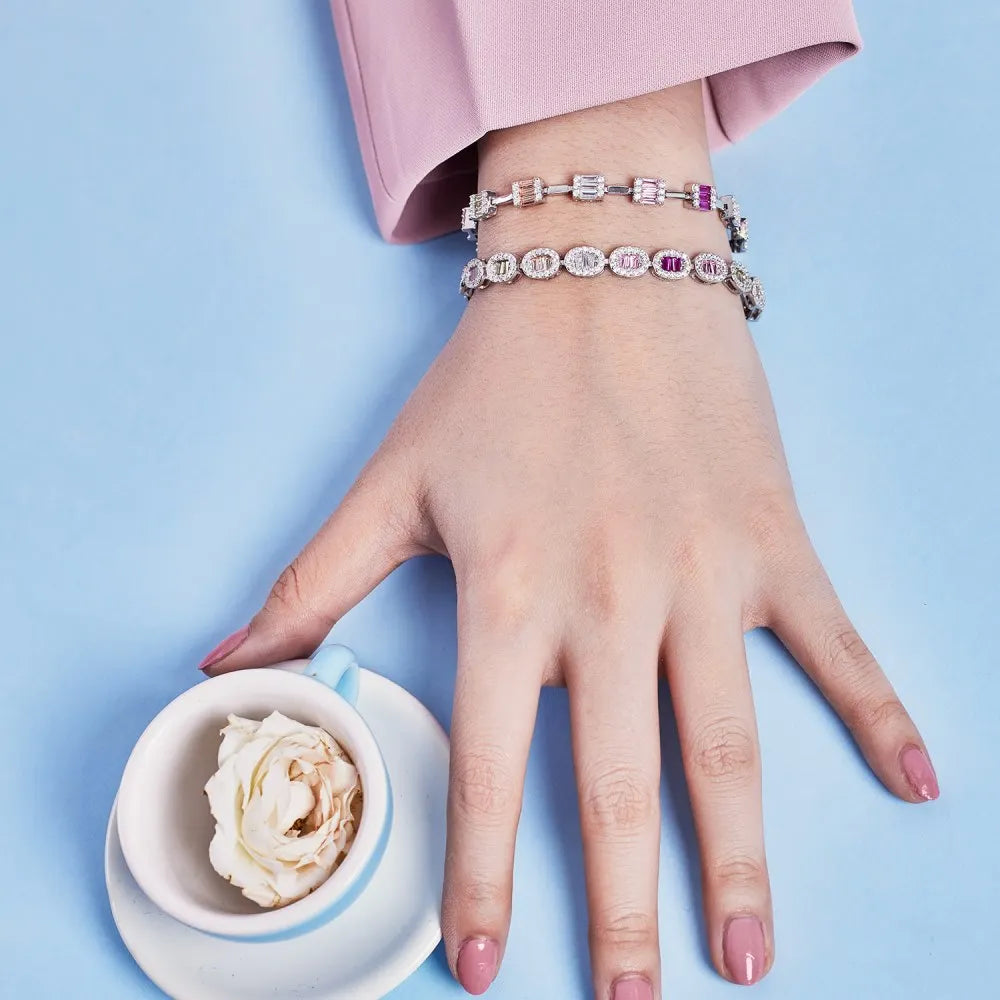 Silver Zircon Tapered Baguette Cut Oval Tennis Bracelet