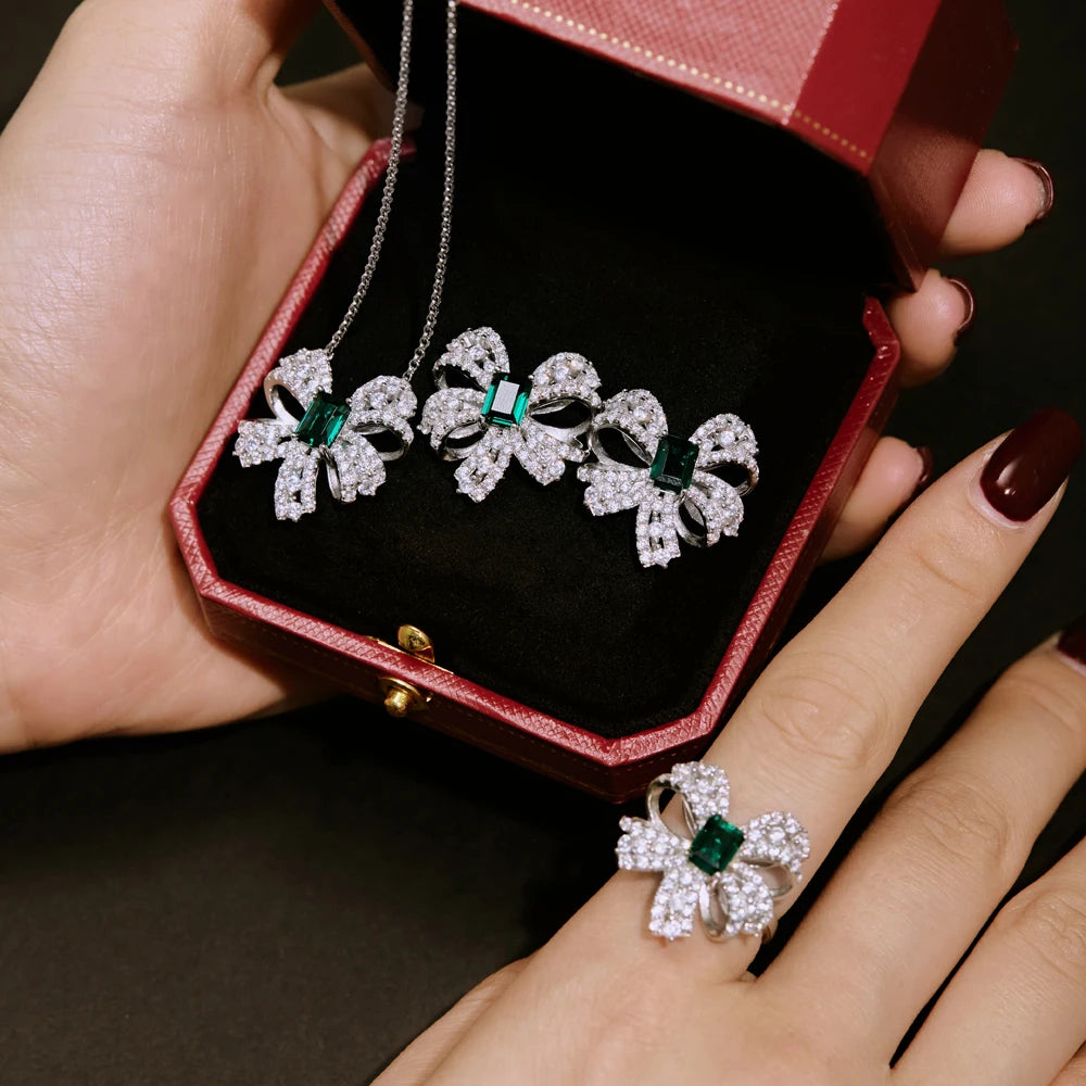 Silver Zircon Emerald Cut Bow Knot Ear Studs