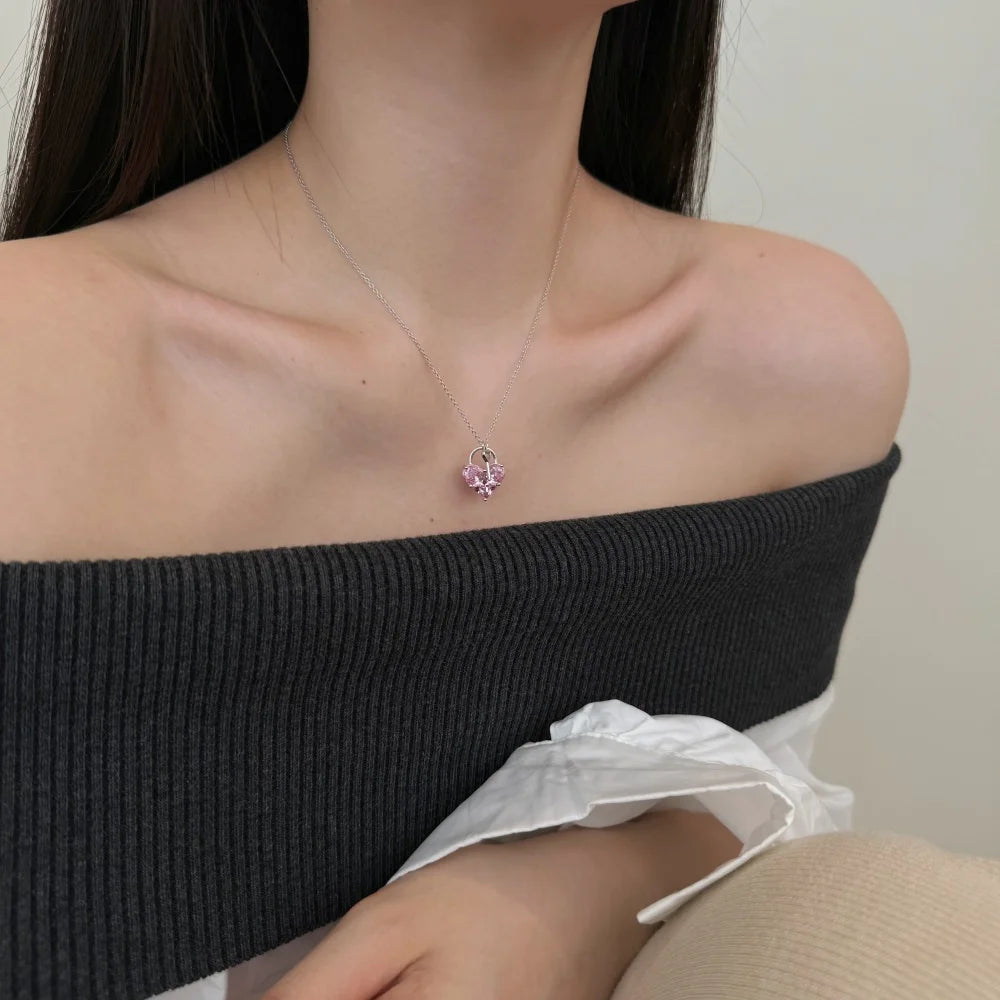 Silver Zircon Princess Cut Love Key Pendant Necklace