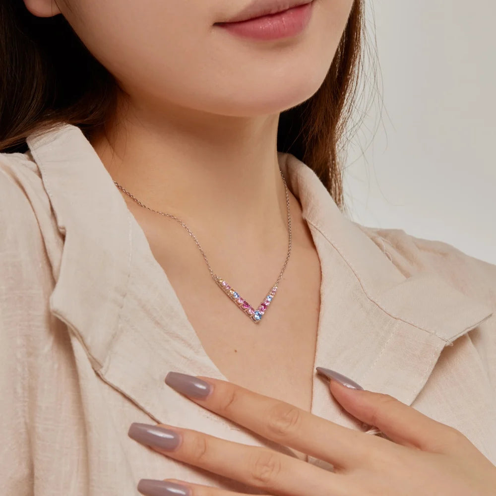 Silver Zircon Round Cut V Pendant Necklace
