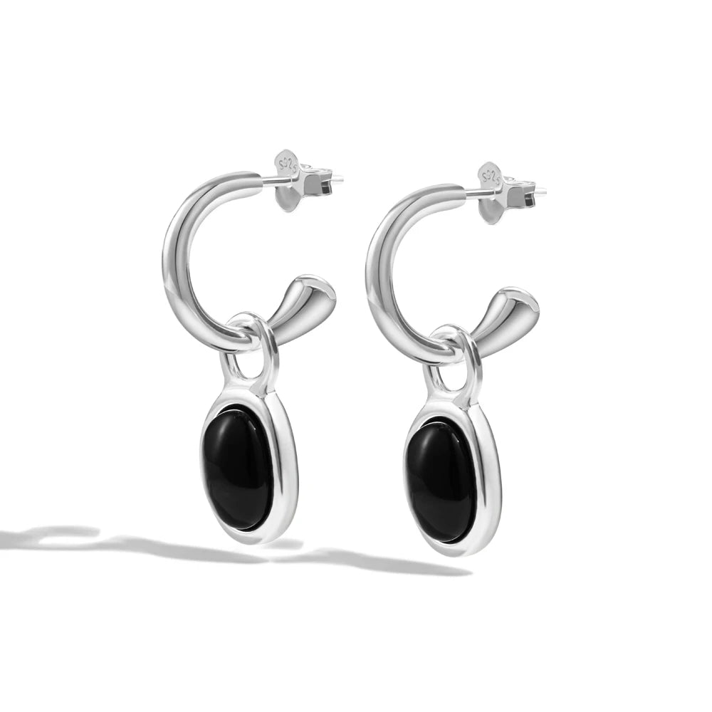Silver Onyx Oval Cut Dangle Drop Earrings