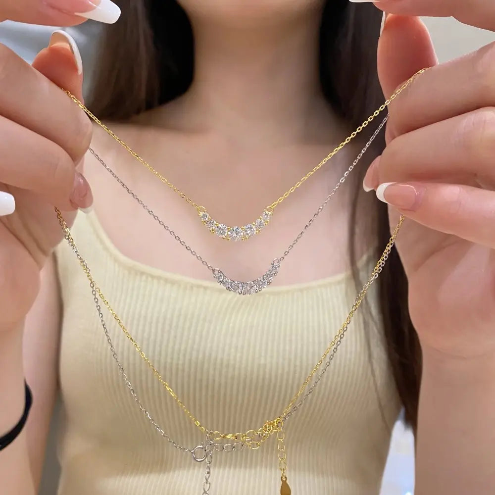 Silver Zircon Round Cut Smile Bar Necklace