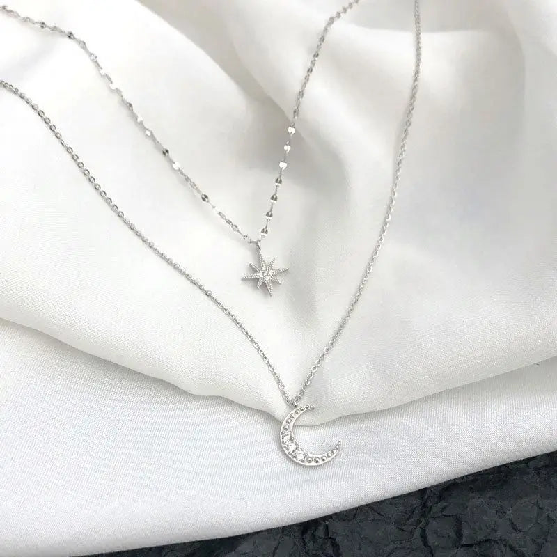Silver Zircon Round Cut Double Layered Crescent Star Pendant Necklace