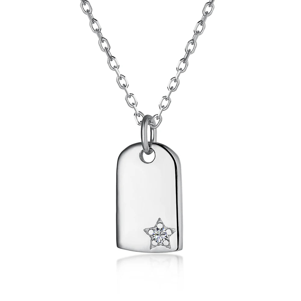 Silver Zircon Round Cut Tag Pendant Necklace