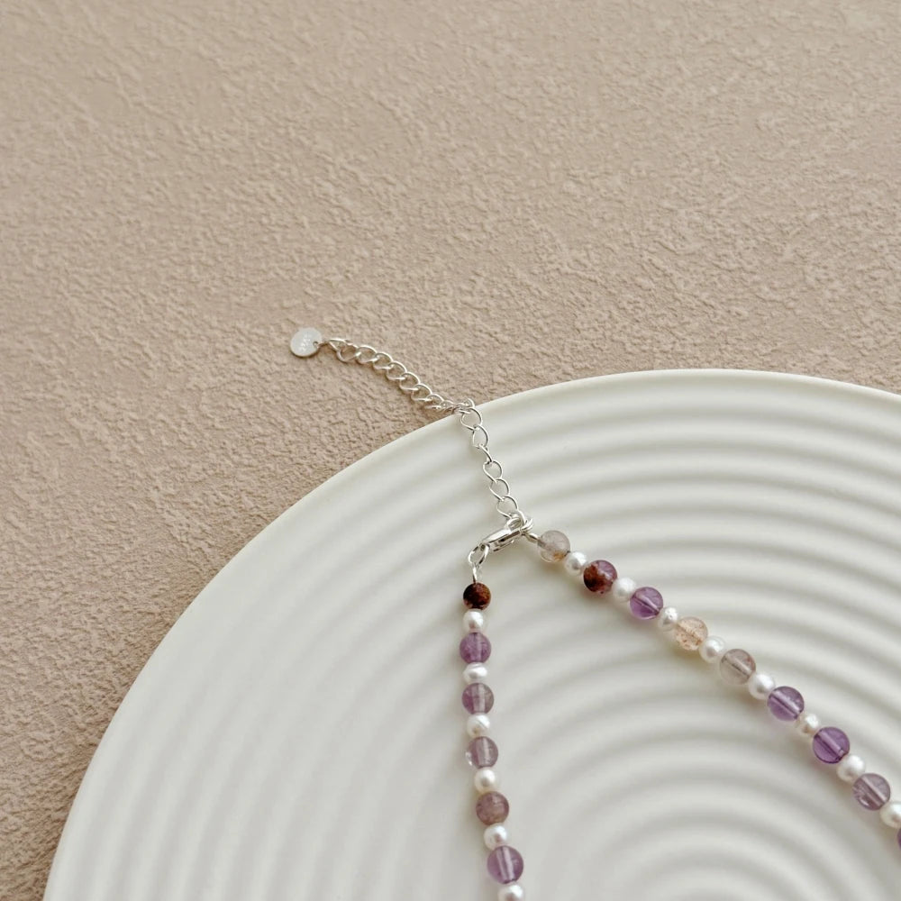 Silver Amethyst Round Cut Classic Beaded Necklace