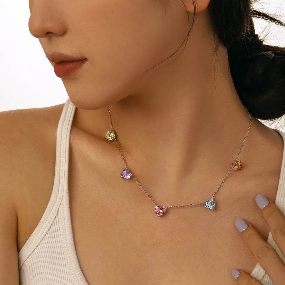 Silver Zircon Heart Cut Charm Chain Necklace