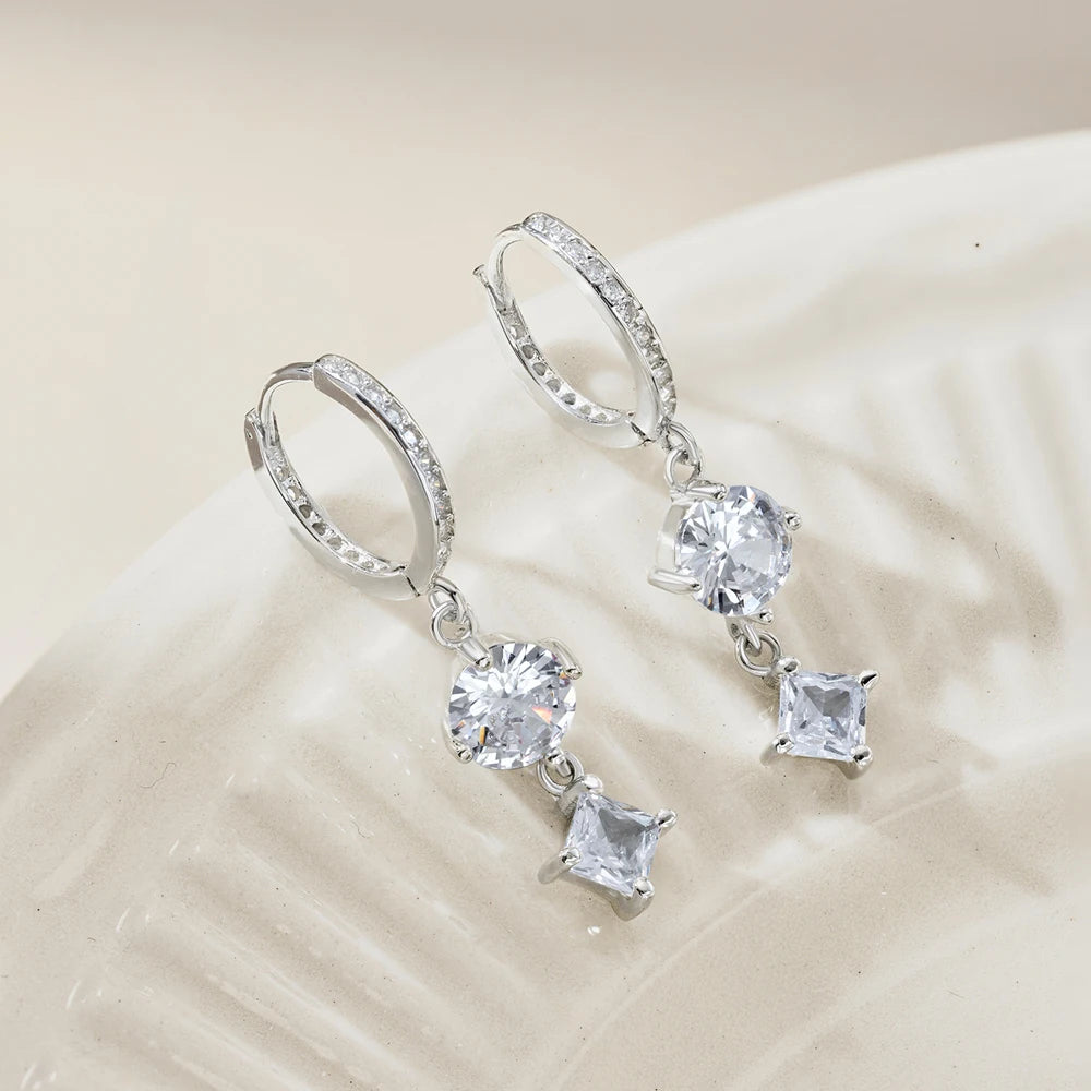 Silver Zircon Princess Cut Drop Star Huggie Earrings