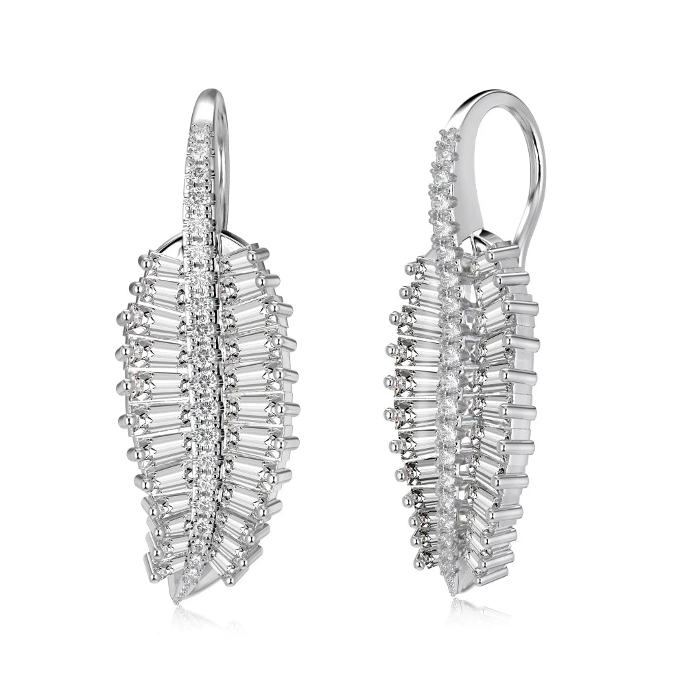 Silver Zircon Emerald Cut Iced Leaf Drop Earrings