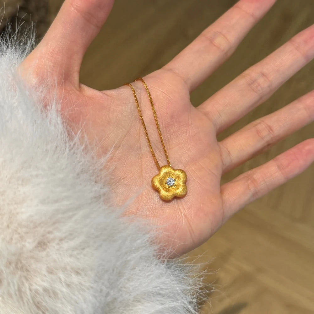 Silver Zircon Round Cut Sakura Flower Pendant Necklace