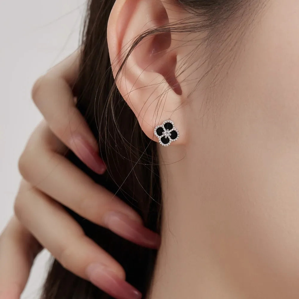 Silver Zircon Round Cut Clover Ear Studs