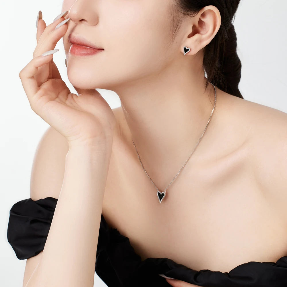 Silver Onyx Heart Cut Halo Ear Studs