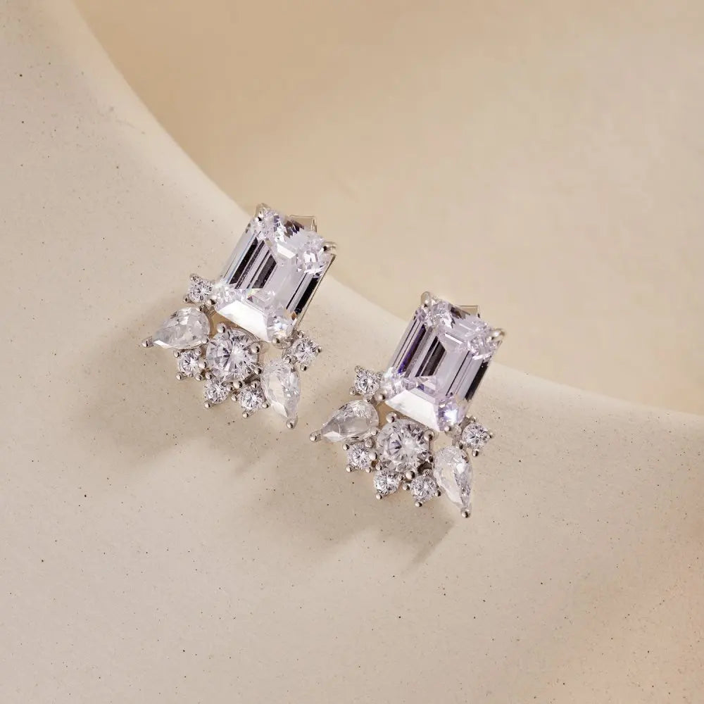 Silver Zircon Emerald Cut Eyelashes Ear Studs