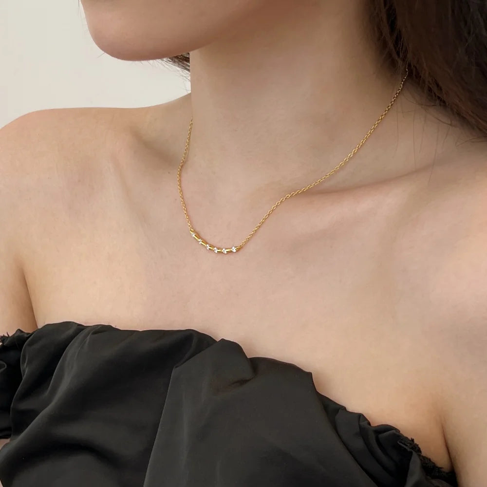 Silver Zircon Round Cut Inlaid Bar Necklace