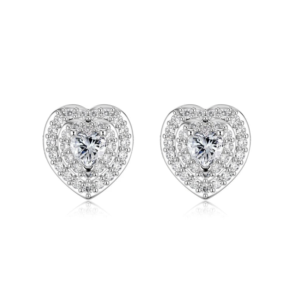 Silver Zircon Heart Cut Iced Halo Ear Studs