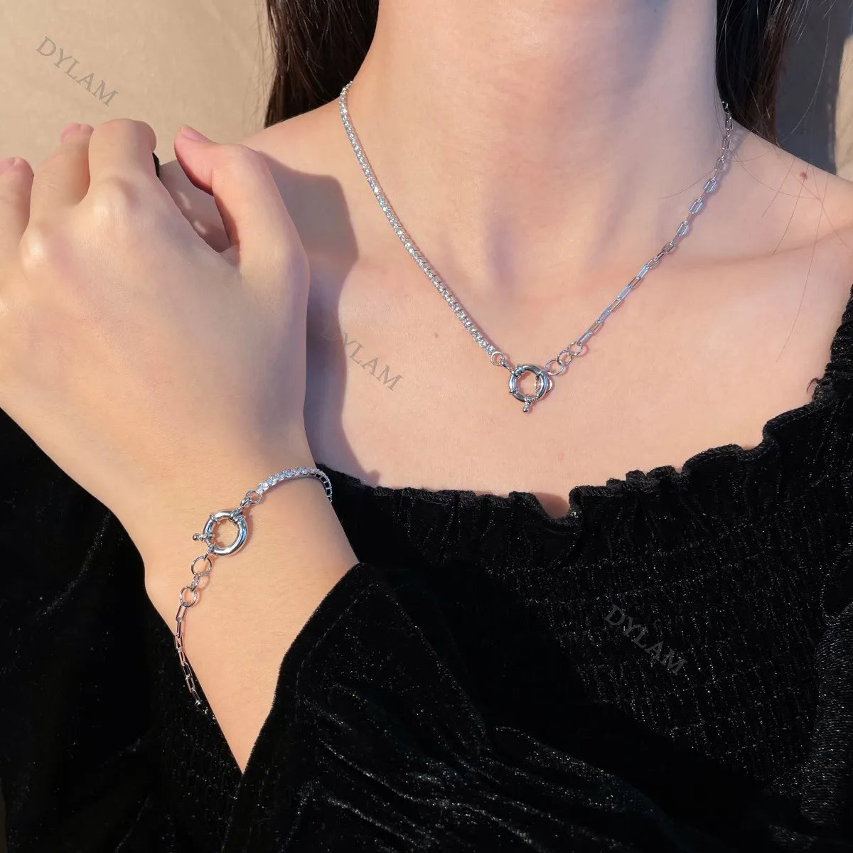 Silver Zircon Round Cut Chain Ring Link Tennis Necklace