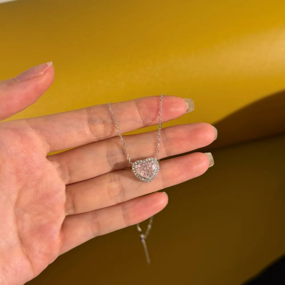 Silver Zircon Heart Cut Inlaid Halo Pendant Necklace