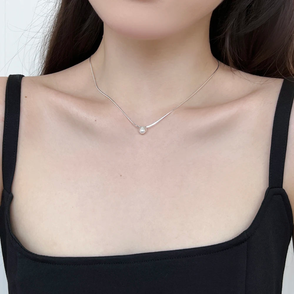 Silver Pearl Herringbone Pendant Necklace