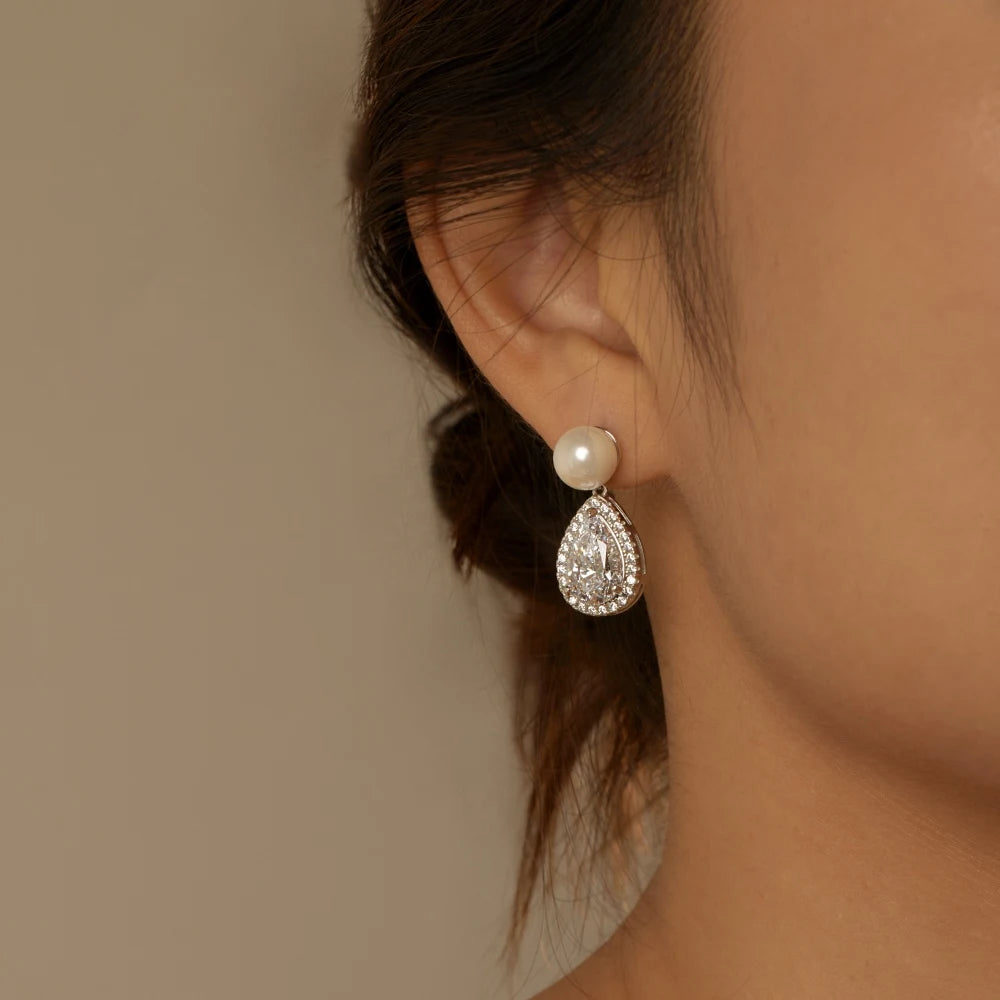 Silver Zircon Pear Cut Water Drop Drop Earrings