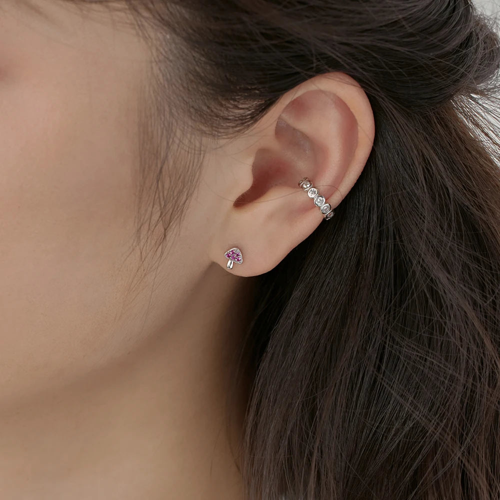 Silver Zircon Round Cut Mushroom Ear Studs